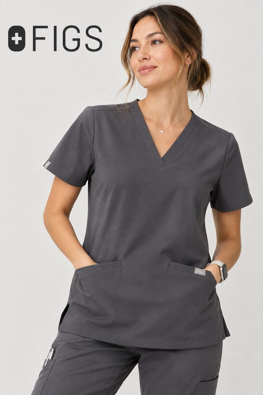 FIGS Casma 3-Pocket Scrub Top Womens M Charcoal FIONx V-Neck Medical Uniform